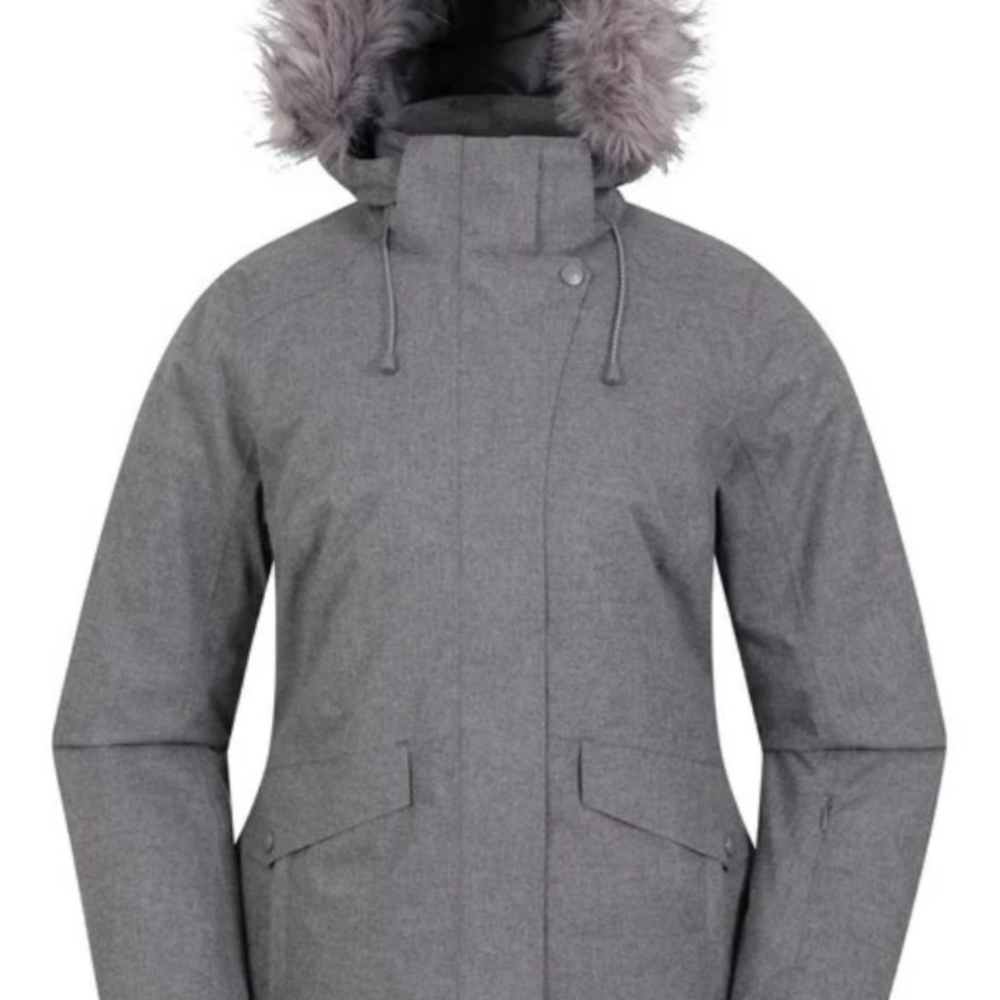 Gray Ski Jacket with Fur Trim and Weather Resistant Fabric